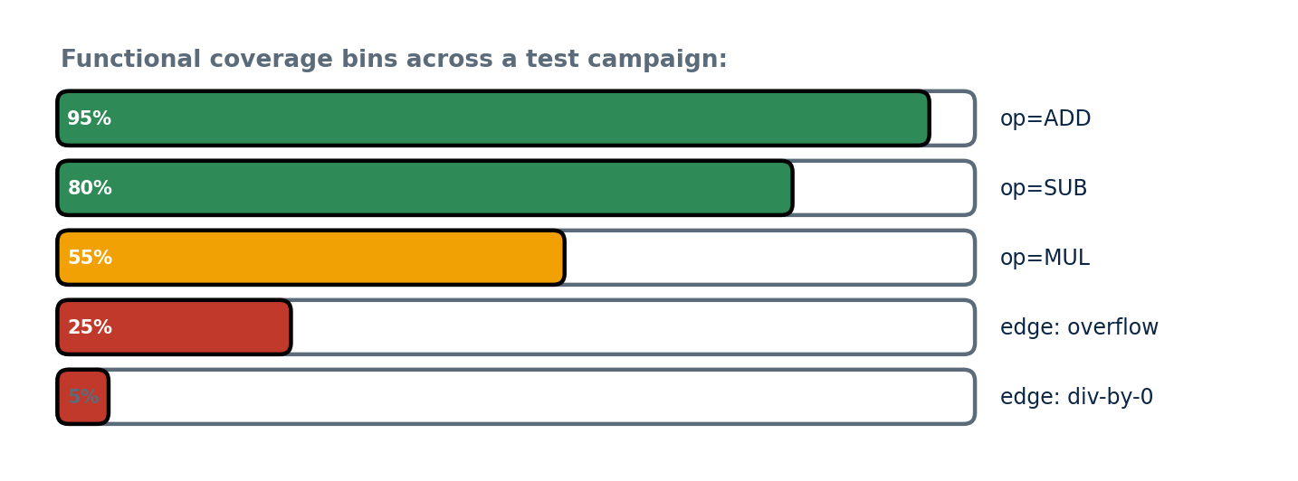 Figure 1: Functional coverage bins filling up over a test campaign – some scenarios, especially edge cases, take longer to hit.