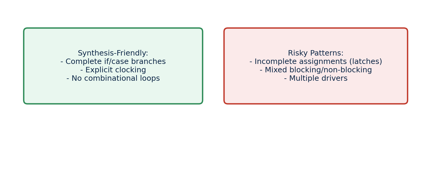 Figure 1: Synthesis-friendly coding practices compared against risky patterns that commonly cause problems.