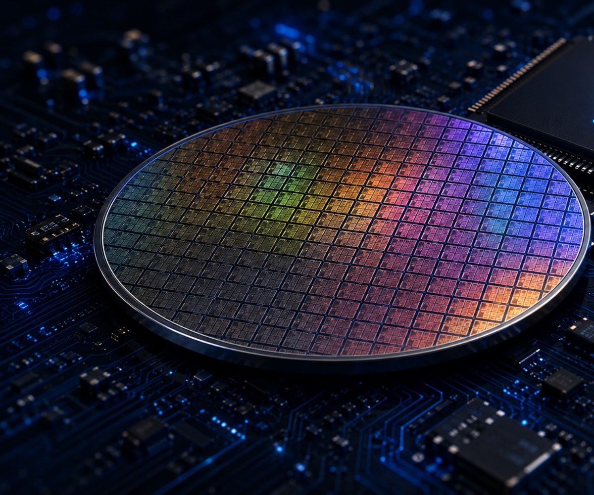 Iridescent silicon wafer beside a VIDYUTT processor on a circuit board